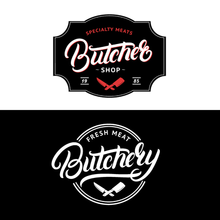 Set of Butcher Shop and Butchery hand written lettering logo, label, badge, emblem. Template for shop, cover, sticker, print, business works. Vintage retro style. Vector illustrationのイラスト素材