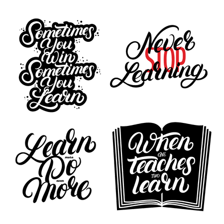 Learn more do even more. Never stop learning. Hand written lettering quotes set. Motivational education phrase for poster, card, print. Isolated on background. Vector illustration.のイラスト素材