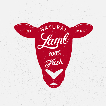 Lamb logo, label, print, poster for butcher shop, farmer market, groceries, meat stores; Red sheep head silhouette; Lamb, fresh hand written lettering words in Vintage style.のイラスト素材