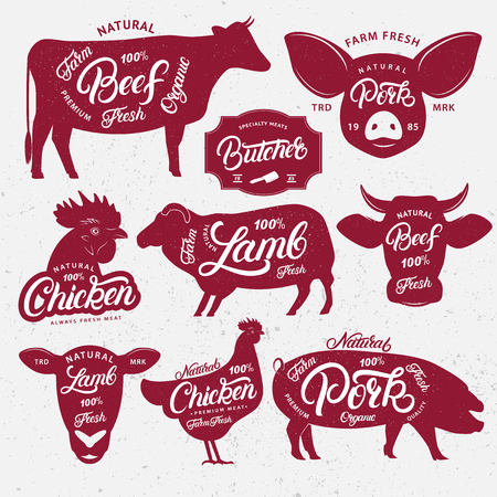 Set of butchery logo, label, emblem, poster. Farm animals with lettering words. Vintage style. Farm animals and heads silhouettes collection for meat stores, butchery shop, farmers market. Vector.のイラスト素材