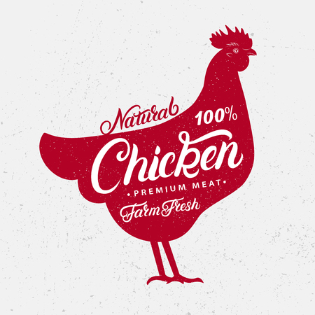 Chicken silhouette and hand written lettering words chicken, farm, fresh, natural; Logo, sign, icon for groceries, meat stores, butcher shop, farmer market; Poster for meat related theme.のイラスト素材