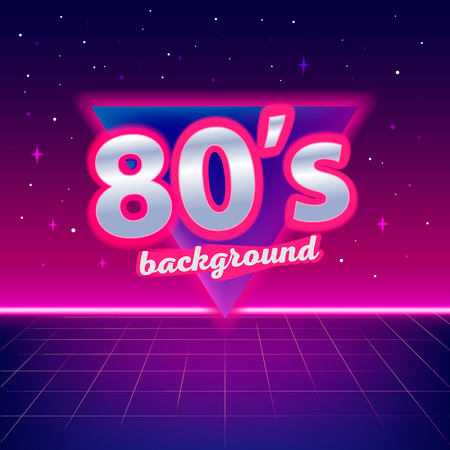 80s sci-fi background with perspective grid, stars, triangle and text. Abstract retro background in 80s style. Disco, neon. Vector illustration.のイラスト素材