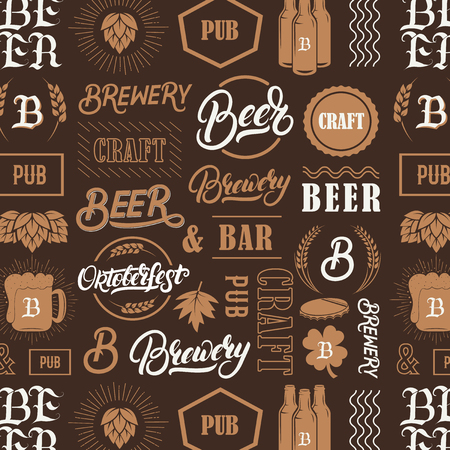 Seamless pattern with hand written lettering words beer, brewery, oktoberfest and silhouettes of beer mug, bottle, hop, wheat ear. Vintage pattern for placemat, bar menu, prints, coaster. Vector.のイラスト素材