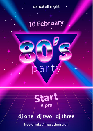80s party design template with text on triangle and laser beams. Use for banner, poster, invitation. Retro vintage style. Vector illustration.のイラスト素材