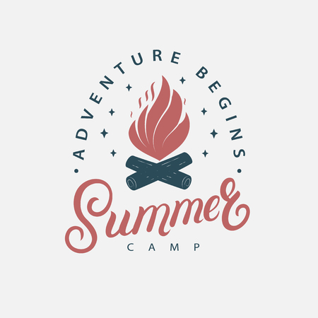 Summer camp hand written lettering with bonfire logoのイラスト素材