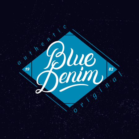 Blue Denim hand written lettering label. Vintage retro style. Vector illustration.のイラスト素材