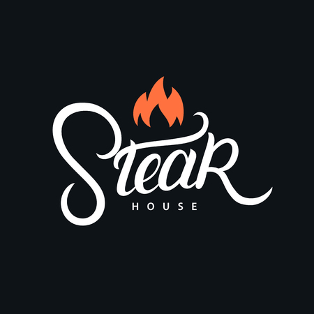 Steak house hand written lettering logo, label, badge. Vintage retro style. Vector illustration.のイラスト素材