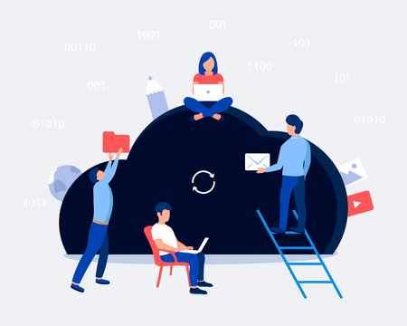 Cloud storage design concept. Small people keep file in cloud shaped room. Trendy flat style. Vector illustration.のイラスト素材