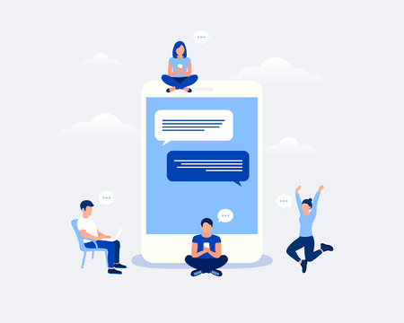 Mobile chat design concept. Small people character are setting near big smartphone and communicate through smartphones gadgets. Trendy flat style. Vector illustration.のイラスト素材