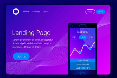 Financial analytics mobile app concept. Business application template. Smartphone on the screen of statistics chart. Landing page template. Vector illustration.のイラスト素材