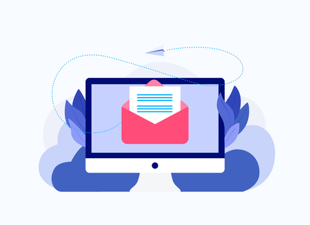 Message on computer screen. Mailing concept with envelope and laptop. Envelope mail message on laptop screen. Trendy flat style. Vector illustration.のイラスト素材