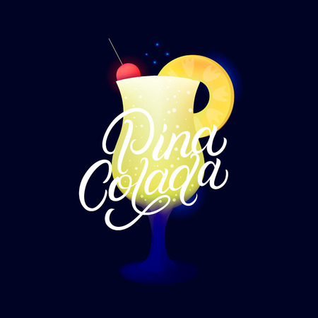 Alcohol cocktail Pina Colada. Modern hand written lettering label. Dark background. Trendy flat style. Vector illustration.のイラスト素材
