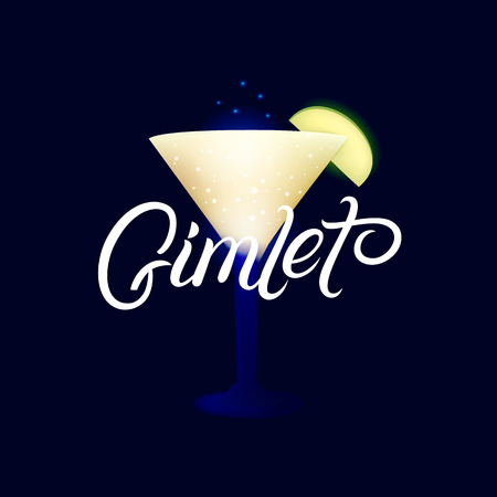 Alcohol cocktail Gimlet. Modern hand written lettering label. Dark background. Trendy flat style. Vector illustration.のイラスト素材