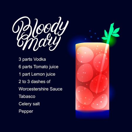 Bloody Mary alcohol cocktail recipe. Modern hand written lettering label. Dark background. Trendy flat style. Vector illustration.のイラスト素材