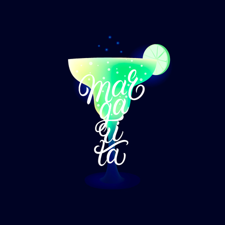 Alcohol cocktail Margarita. Modern hand written lettering label. Dark background. Trendy flat style. Vector illustration.のイラスト素材
