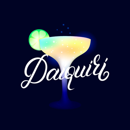 Daiquiri. Modern hand written lettering label. Dark background. Trendy flat style. Vector illustration.のイラスト素材