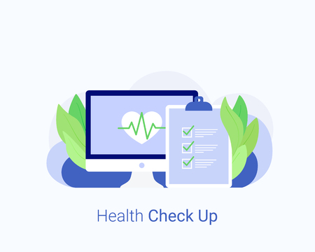 Medical check up concept. Cardiogram on the monitor and report of of medical examination. Preventive examination. Trendy flat style. Vector illustration.のイラスト素材
