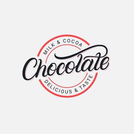 Chocolate hand written lettering logo, label, badge, sign, emblem. Modern brush calligraphy. Vintage retro style. Vector illustration.のイラスト素材