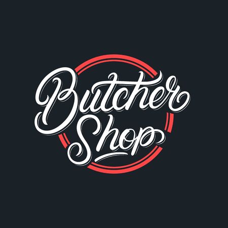 Butcher shop emblem. Butchery store advertising design element. Meat shop typography. Vector vintage illustration.のイラスト素材