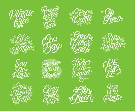 Zero waste, eco friendly, plastic polution big lettering set. Modern calligraphy quotes and phrases with green leaves for bag, tee, card, poster print. Vector illustration.のイラスト素材