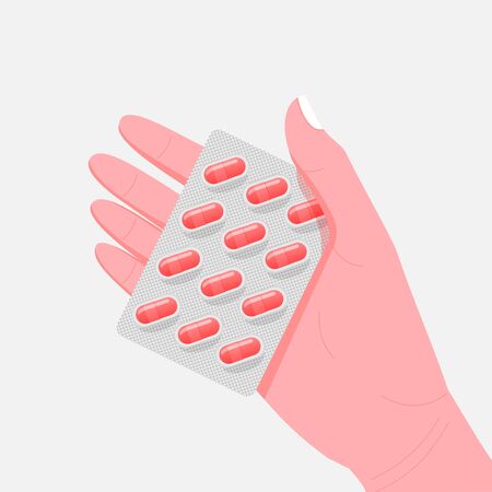 Pharmacy concept. Pills and tablet on human hand.のイラスト素材