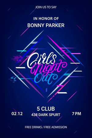 Girls night out hand written lettering text. Party invitation flyer, poster with neon lights. Vector illustration.のイラスト素材
