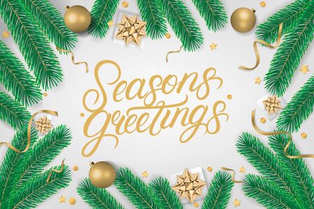 Season's Greetings hand written lettering text. Calligraphy quote on gray background with gift box, shiny golden bow, ribbons, sparkling confetti and green christmas tree branches. Vector illustrationのイラスト素材