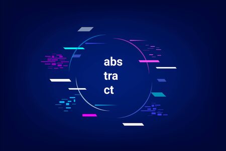 Neon geometric abstract background. Neon circle shapes on dark blue background. Elements for web, landing page templates, invitations, gift cards, flyers and brochures. Vector illustration.のイラスト素材