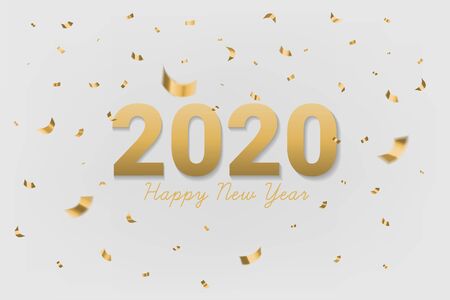 2020 Happy new year golden text with shining glitter confetti on gray background. Use for greeting card, calendar, invitation. Realistic festive style. Vector illustration.のイラスト素材