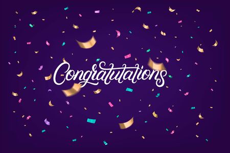 Congratulations hand written lettering text with colorful sparkles confetti on violet background. Use us template for party, sale, holiday congratulations banner. Realistic festive style. Vector illustration.のイラスト素材