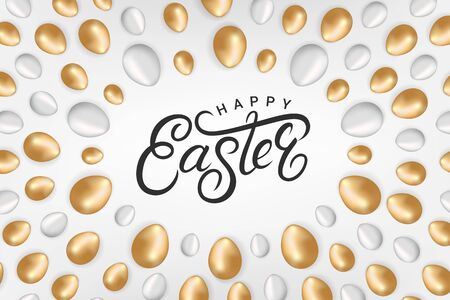 Happy Easter hand written lettering text with golden and silver eggs with geometric patterns. Isolated on background. Realistic 3d style. Vector illustration.のイラスト素材