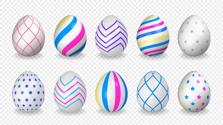 Set of 10 colorful easter eggs with decorative geometric patterns. Isolated on background. Realistic 3d style. Vector illustration.のイラスト素材