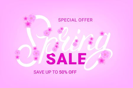 Spring sale discount banner template. Special offer card. Pink flowers and hand written lettering. Realistic style. Vector illustration.のイラスト素材