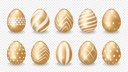 Set of 10 golden easter eggs with white decorative geometric patterns. Isolated on background. Realistic 3d style. Vector illustration.のイラスト素材