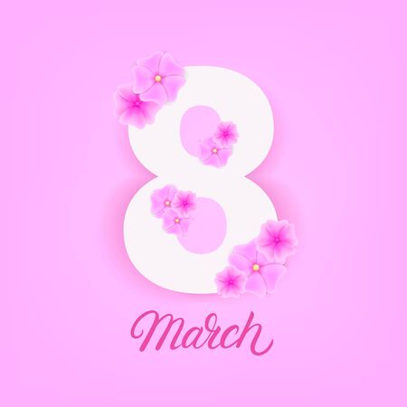 8 march greeting card, poster, banner template. Symbol of International Womens day with bright red purple pink flowers. Realistic style. Vector illustration.のイラスト素材