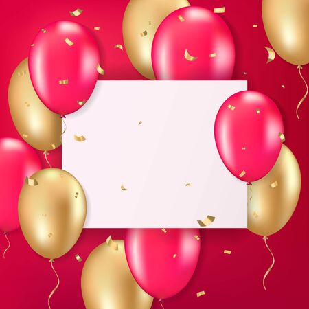 Advertising billboard with golden and red balloons and sparkles confetti on red background. Celebration luxury background. Realistic 3d style. Vector illustration.のイラスト素材