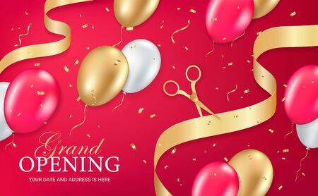Grand opening party invitation banner, poster, flyer with golden sparkles confetti, ribbon, scissors, gold, silver and red balloons on red background. Realistic 3d style. Vector illustrationのイラスト素材