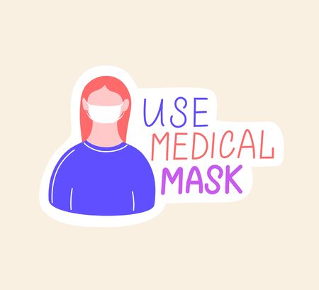 Coronavirus COVID-19 prevention hand drawn sticker set. How to protect yourself from infection. Use medical mask. Cartoon badge with quote. Trendy flat style. Vector illustration.のイラスト素材