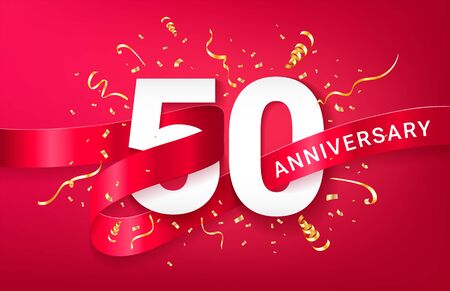 50th Anniversary celebration banner template. Big numbers with sparkles golden confetti and red ribbon. Festive event background. Realistic 3d style. Vector illustration.のイラスト素材