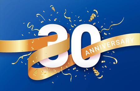 20th Anniversary celebration banner template. Big numbers with sparkles golden confetti and glitters ribbon. Festive event blue background. Realistic 3d style. Vector illustration.のイラスト素材