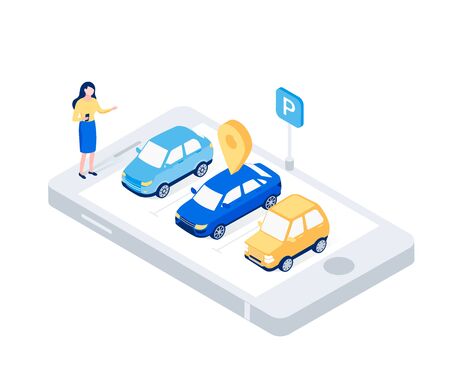 Car sharing isometric concept. Woman in a parking lot looking for a car with map mark. Modern auto rental car. Trendy flat 3d isometric style. Vector illustration.のイラスト素材