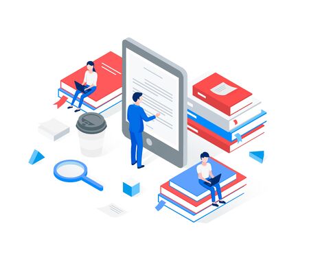 Media book library isometric concept. A man reads text from an e-book. People are sitting on stacks of books. Trendy flat 3d isometric style. Vector illustration.のイラスト素材
