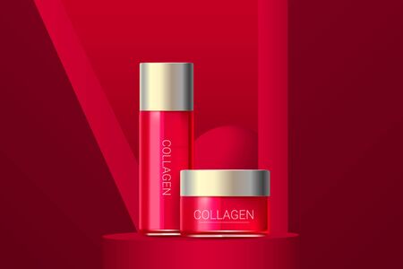 Cosmetic face serum and cream boxes. Premium ads. Skin cream silver bottle isolated on red geometric background. Color container with lid. Realistic style. Vector illustration.のイラスト素材