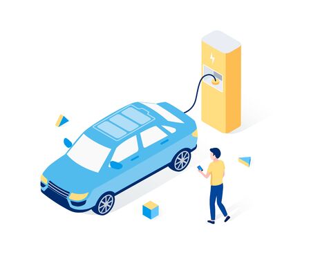 Electric car parking isometric concept. A man waits for the battery of his electric car to be charged. Trendy flat 3d isometric style. Vector illustration.のイラスト素材