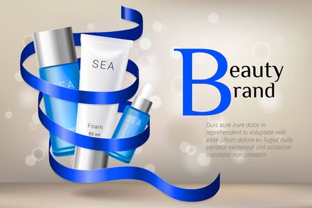 Cosmetic ads template. Essence, foam and toner bottles with blue ribbon and glitter bokeh elements. Premium ads. Blue and white bottles isolated on beige background. Realistic 3d style. Vector illustration.のイラスト素材