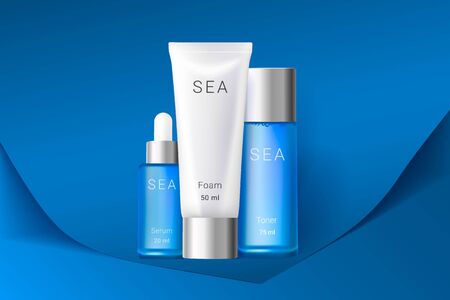 Cosmetic essence, foam and toner boxes. Premium ads. Skin cream bottle isolated on blue paper background. Color container with lid. Realistic style. Vector illustration.のイラスト素材
