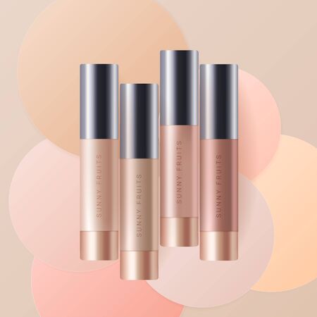 Concealer, foundation cosmetic ads template. Cosmetic bb or cc cream tube with colorful circles of paper background. Beige bottle isolated on background. Realistic 3d style. Vectorのイラスト素材