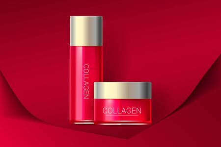 Cosmetic face cream and toner, essence box. Premium ads. Skin cream bottle isolated on red paper background. Color container with lid. Realistic style. Vector illustration.のイラスト素材