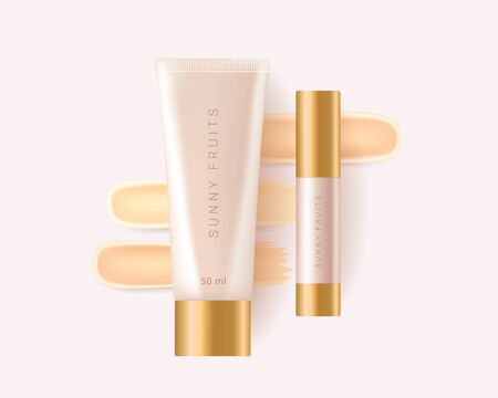 Concealer, foundation cosmetic ads template. Cosmetic bb or cc cream tube with colorful beige smear swatch. Template of packaging for cosmetic product. Premium ads. Beige bottle isolated on background. Realistic 3d style. Vector illustration.のイラスト素材