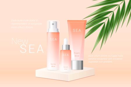 Summer orange spray, cream and serum bottles ads template. Peach gradient cosmetics tubes on square podiums and realistic green tropical palm leaf. Realistic 3d style. Vector illustration.のイラスト素材